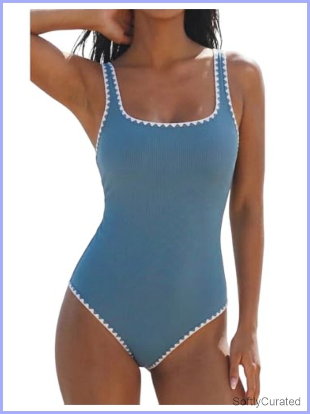 Ribbed One Piece Swimsuit Tummy Control Slimming Monokini Scalloped Trim